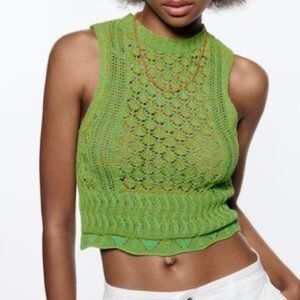 ZARA Crochet Tank Top Green Festival Boho S